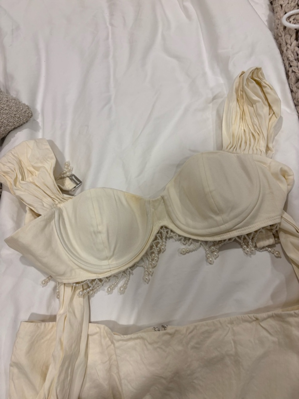 LPA Cream Strapless Underwire Bra with Pearl Fringe